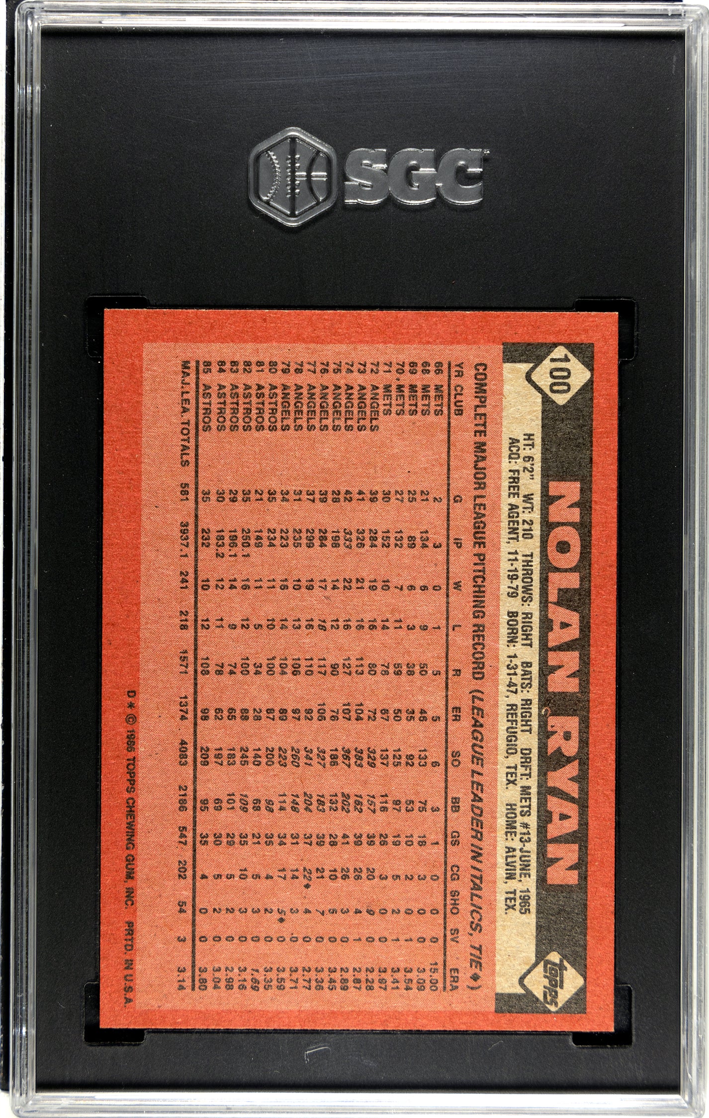 SGC 8.5 1986 Topps Nolan Ryan #100