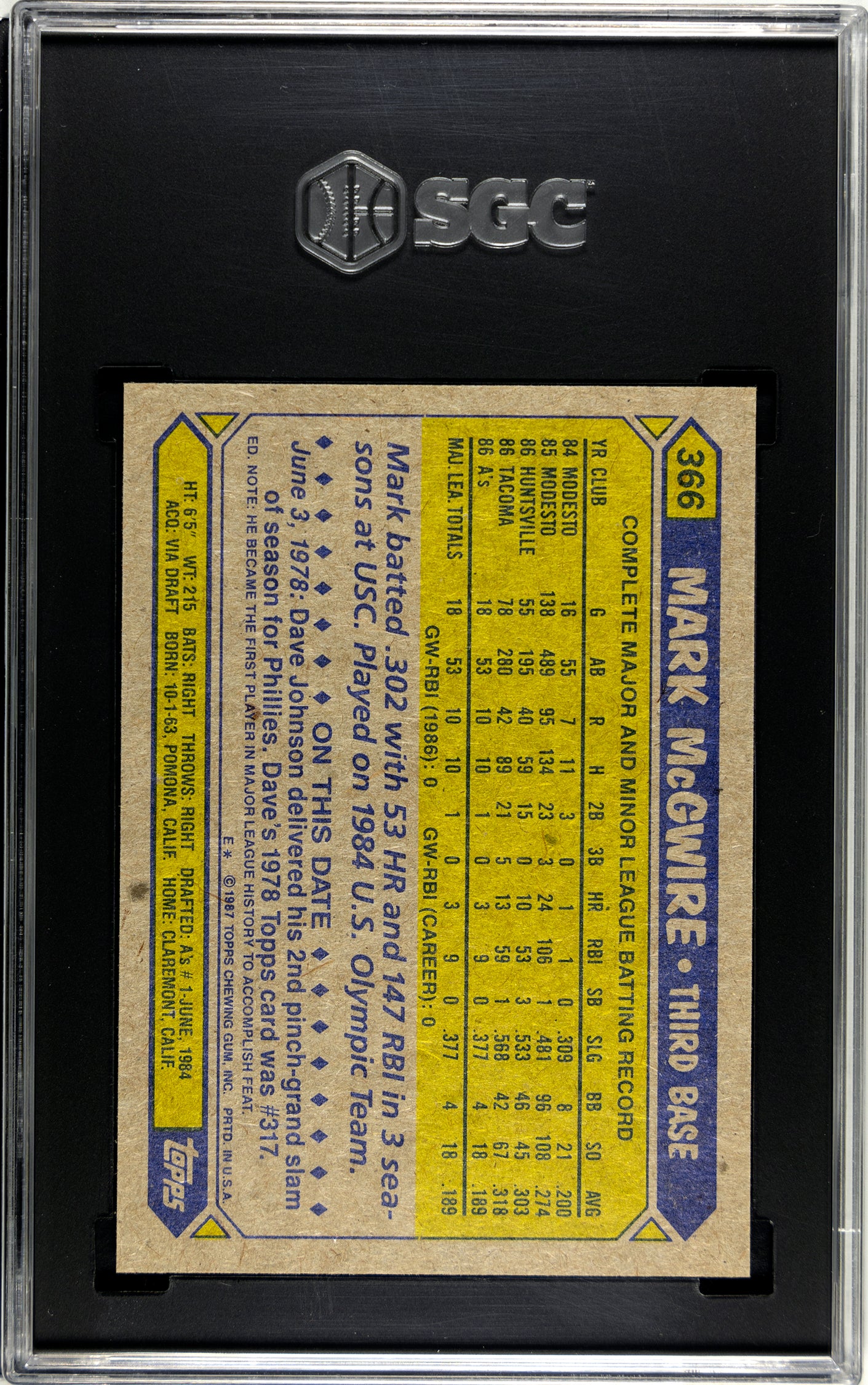 SGC 9 1987 Topps Mark McGwire Rookie #366
