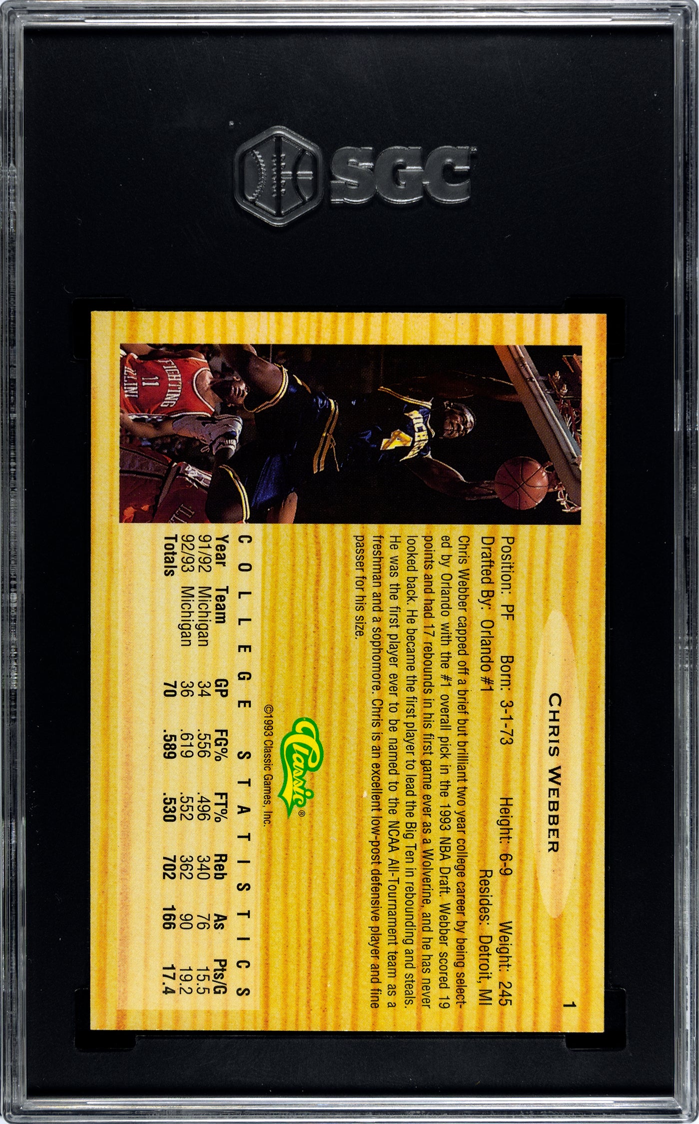 SGC 9 Chris Webber Rookie Card #1 Valuable Collectible Sports Card