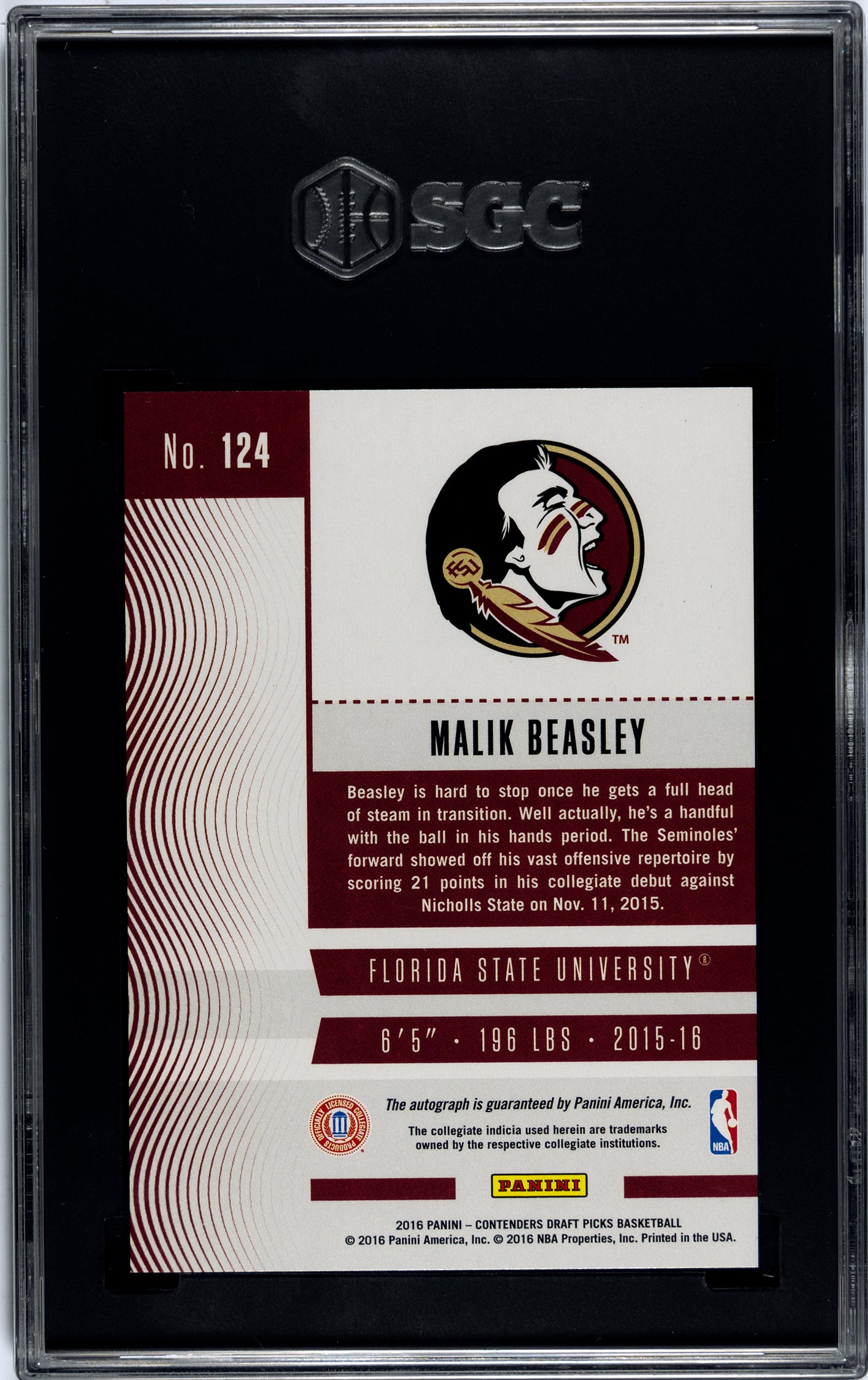 SGC 9 2016 Malik Beasley Rookie Auto #124 Valuable Collectible Sports Card