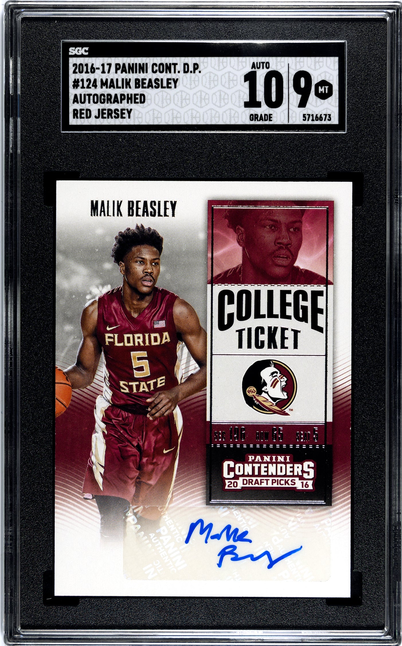 SGC 9 2016 Malik Beasley Rookie Auto #124 Valuable Collectible Sports Card