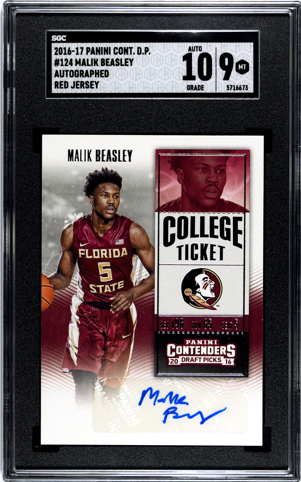 SGC 9 2016 Malik Beasley Rookie Auto #124 Valuable Collectible Sports Card