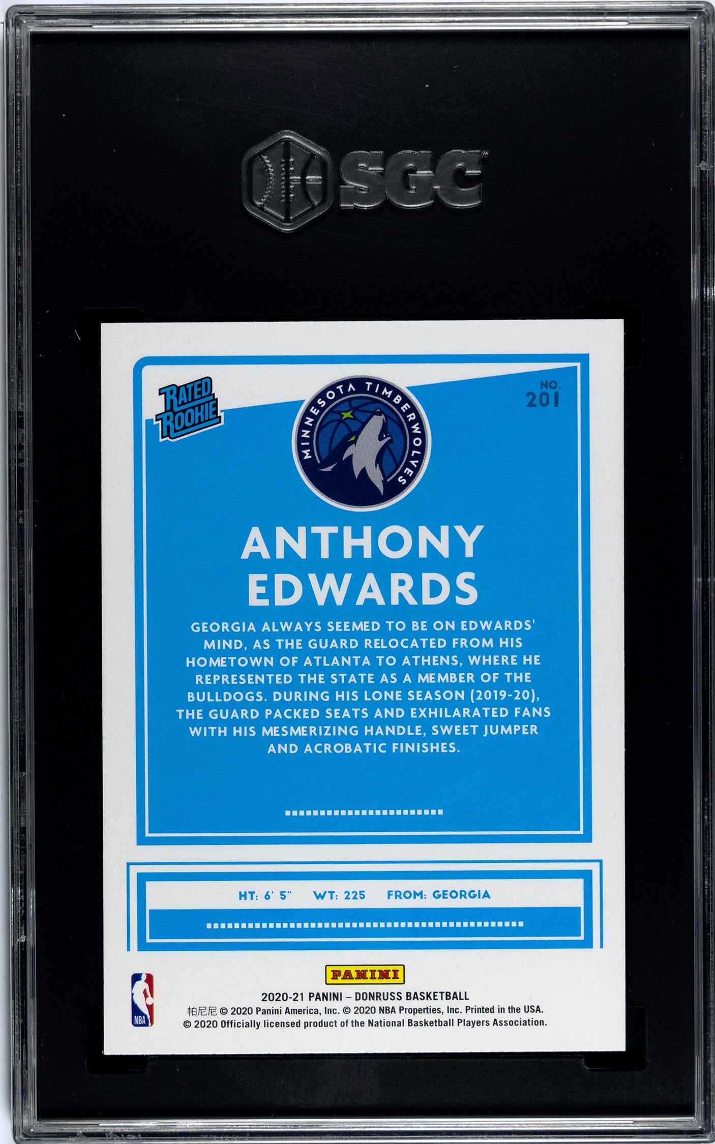 SGC 9 Anthony Edwards Rated Rookie #201 Valuable Collectible Sports Card