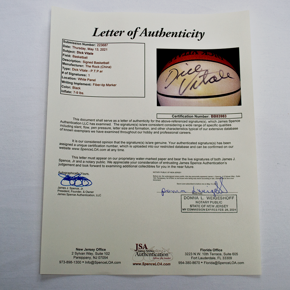 Dick Vitale Autographed Basketball w/ James Spence Authentication LOA Valuable Collectible Letter of Authenticity