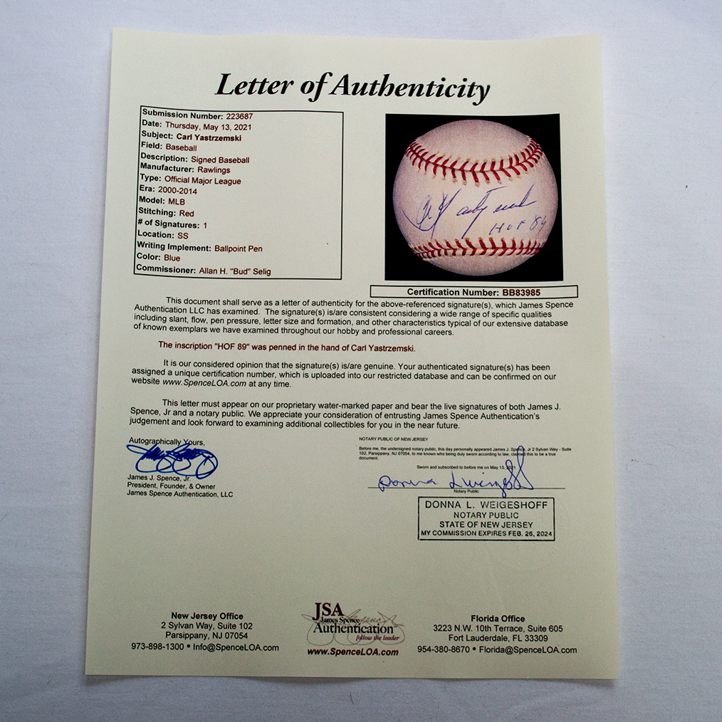 Carl Yastrzemski Autographed Baseball w/ James Spence Authentication LOA Valuable Collectible Letter of Authenticity