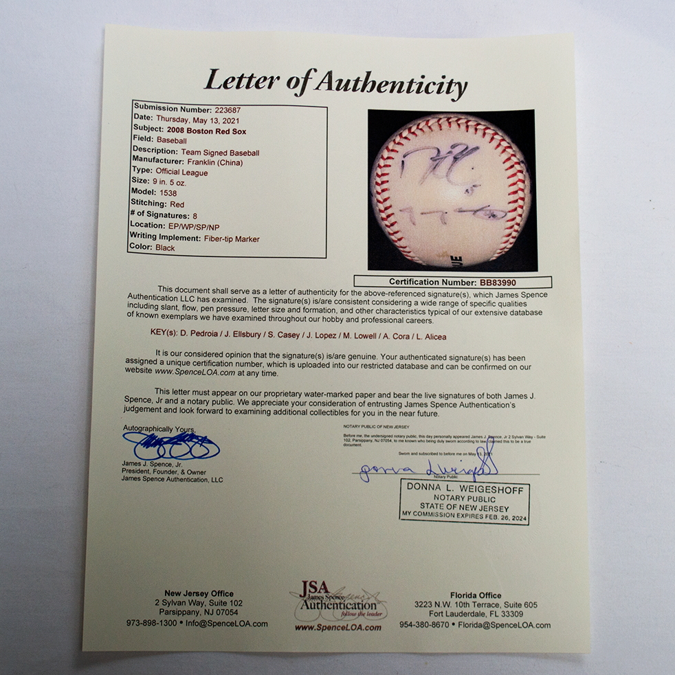 Boston Red Sox 8 Player Signed Baseball w/ James Spence Authentication LOA Valuable Collectible Letter of Authenticity