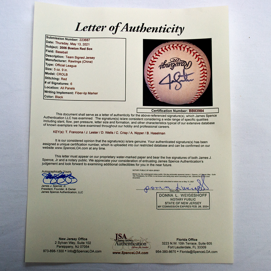 Boston Red Sox 6 Player Signed Baseball w/ JSA LOA Valuable Collectible Letter of Authenticity